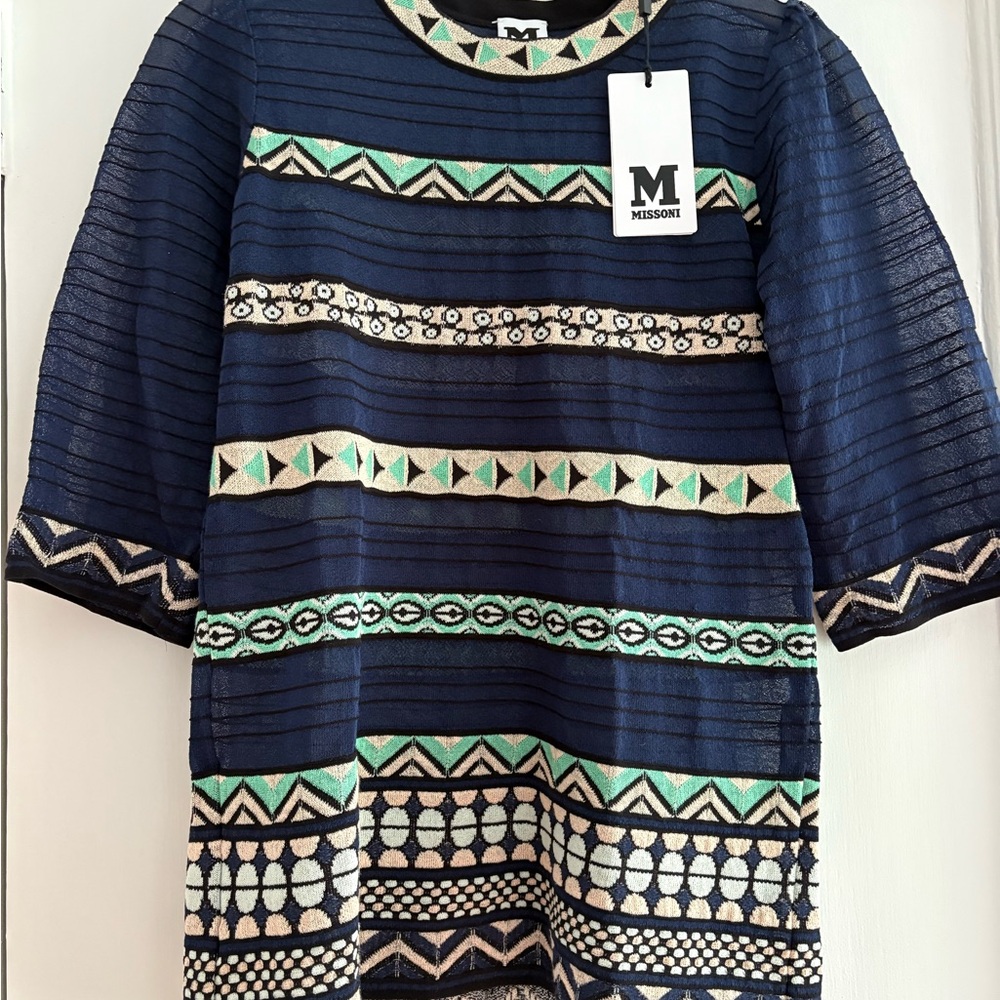 M by Missoni Blue and Green Puff Sleeve Top